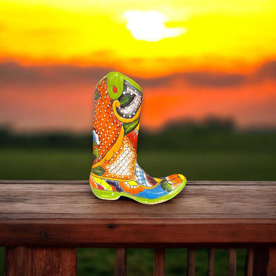 Talavera Boot Planter | Hand-Painted Mexican Flower Pot Art — brightly colored hand-painted cowboy boot planter with floral and geometric patterns