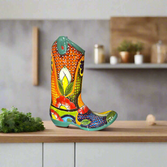 Talavera Boot Planter | Hand-Painted Mexican Flower Pot Art - colorful hand-painted ceramic cowboy boot planter with floral & geometric Talavera design