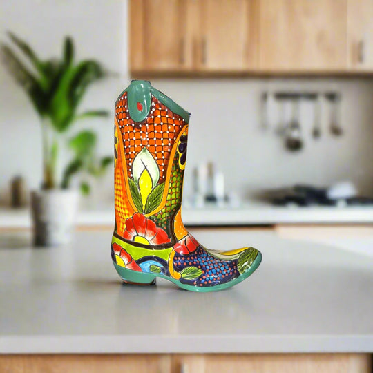Talavera Boot Planter | Hand-Painted Mexican Flower Pot Art - colorful hand-painted cowboy boot planter with floral geometric patterns