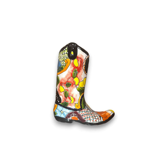 Talavera Boot Planter | Hand-Painted Mexican Flower Pot Art - hand-painted Talavera cowboy boot planter with vibrant red, green, blue floral patterns