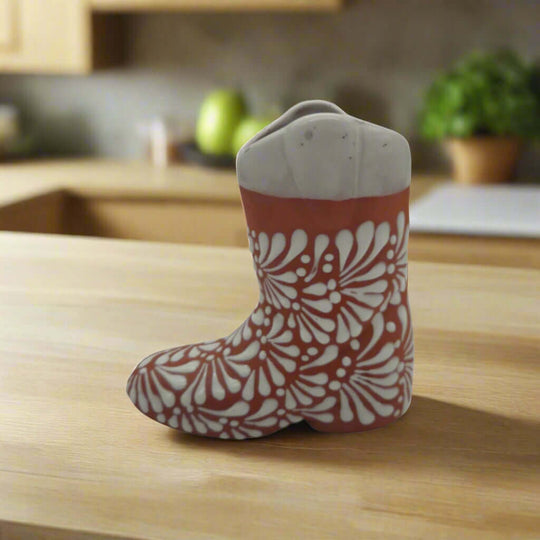 Talavera Boot Planter | Hand-Painted Mexican Pottery Accent - hand-painted brown boot-shaped Talavera pottery with white floral pattern