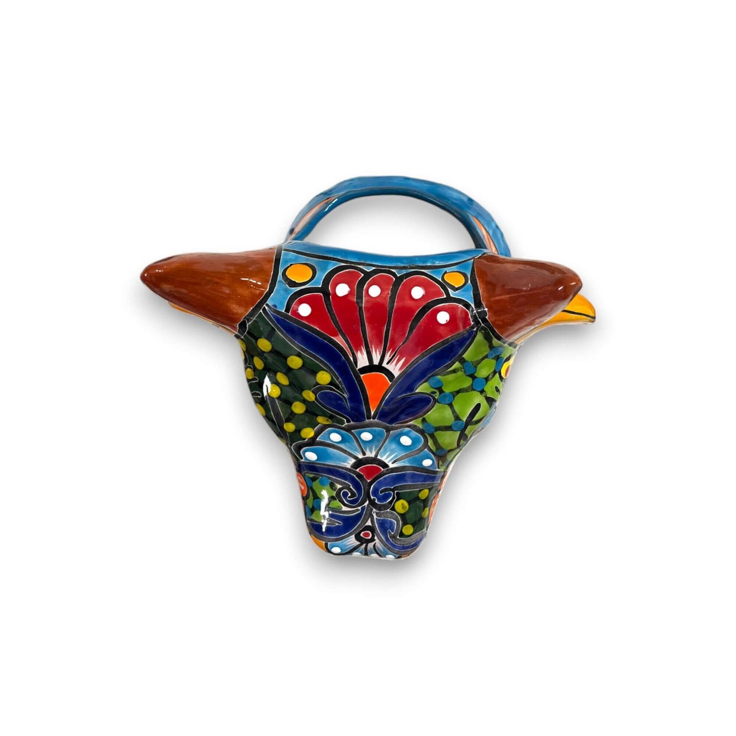 Talavera Bull Planter | Hand-Painted Mexican Bull Wall Art (Medium) - colorful hand-painted Talavera bull skull planter, Guanajuato ceramic wall decor