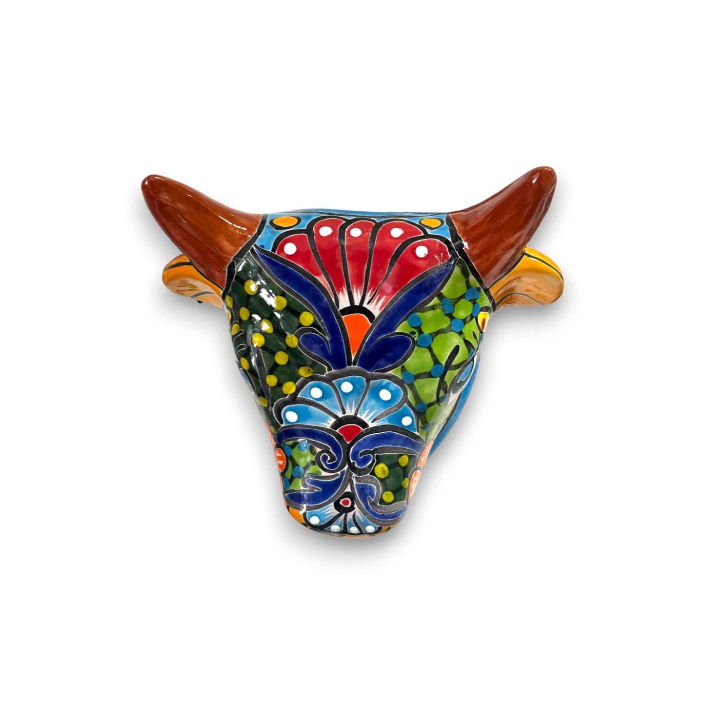 Talavera Bull Planter | Hand-Painted Mexican Bull Wall Art (Medium) - colorful hand-painted Talavera ceramic bull skull planter, medium size