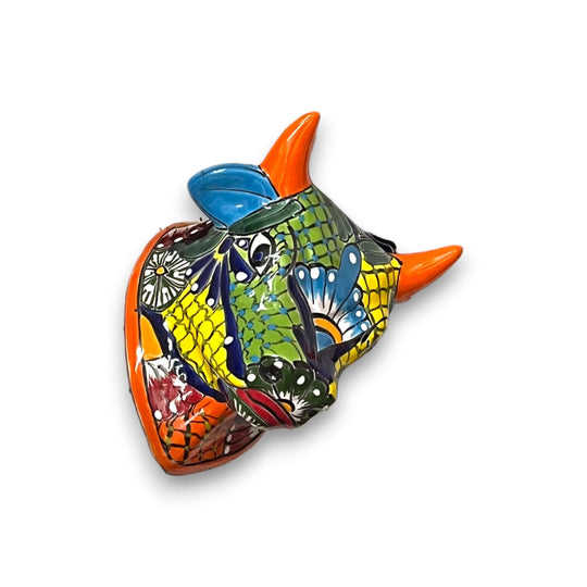 Talavera Bull Planter | Hand-Painted Mexican Bull Wall Art (Medium) - vibrant hand-painted Talavera bull skull planter with colorful floral patterns