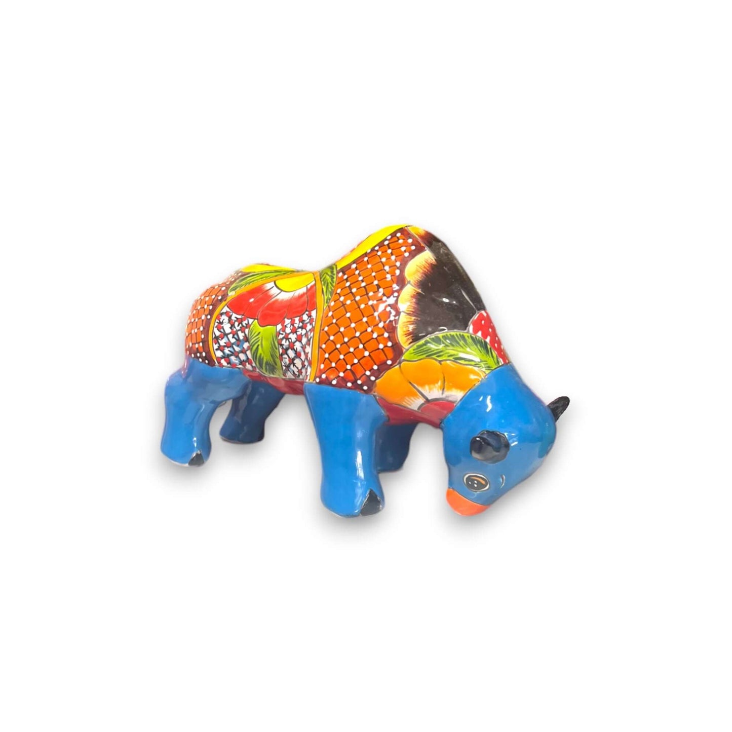Talavera Bull Statue | Hand-Painted Mexican Ceramic Animal Decor - hand-painted blue and orange Talavera bull with floral pattern