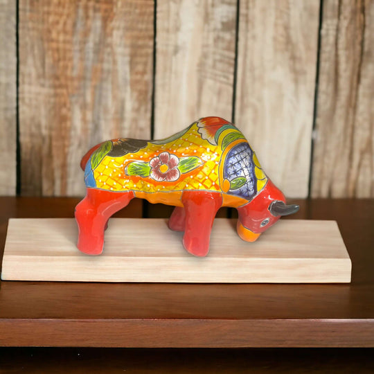 Talavera Bull Statue | Hand-Painted Mexican Ceramic Animal Decor - vibrant hand-painted floral Talavera bull sculpture on wooden base