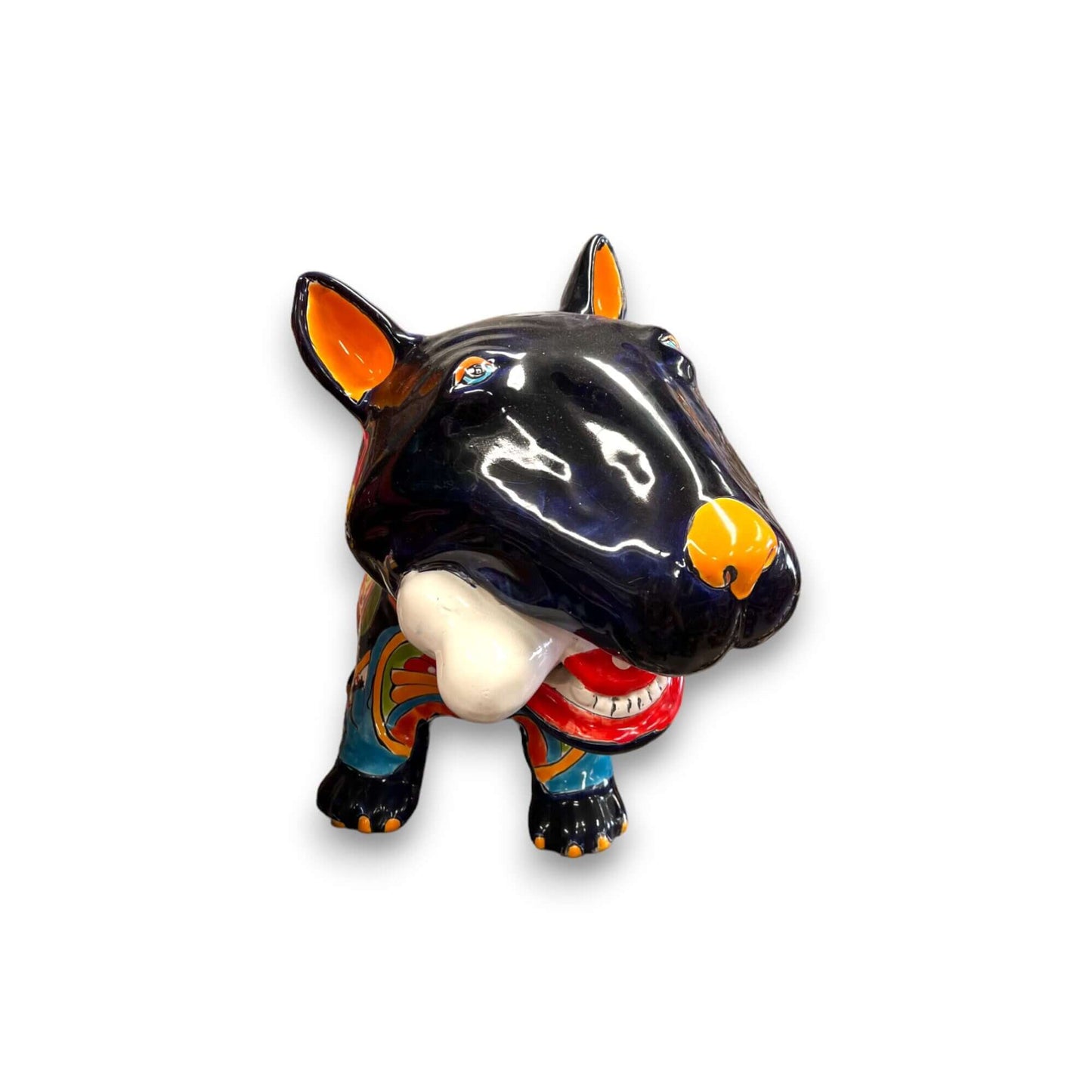 Talavera Bull Terrier Decor | Hand-painted Ceramic Dog with Bone (Extra Large) - glossy black ceramic bull terrier holding bone, hand-painted Talavera design