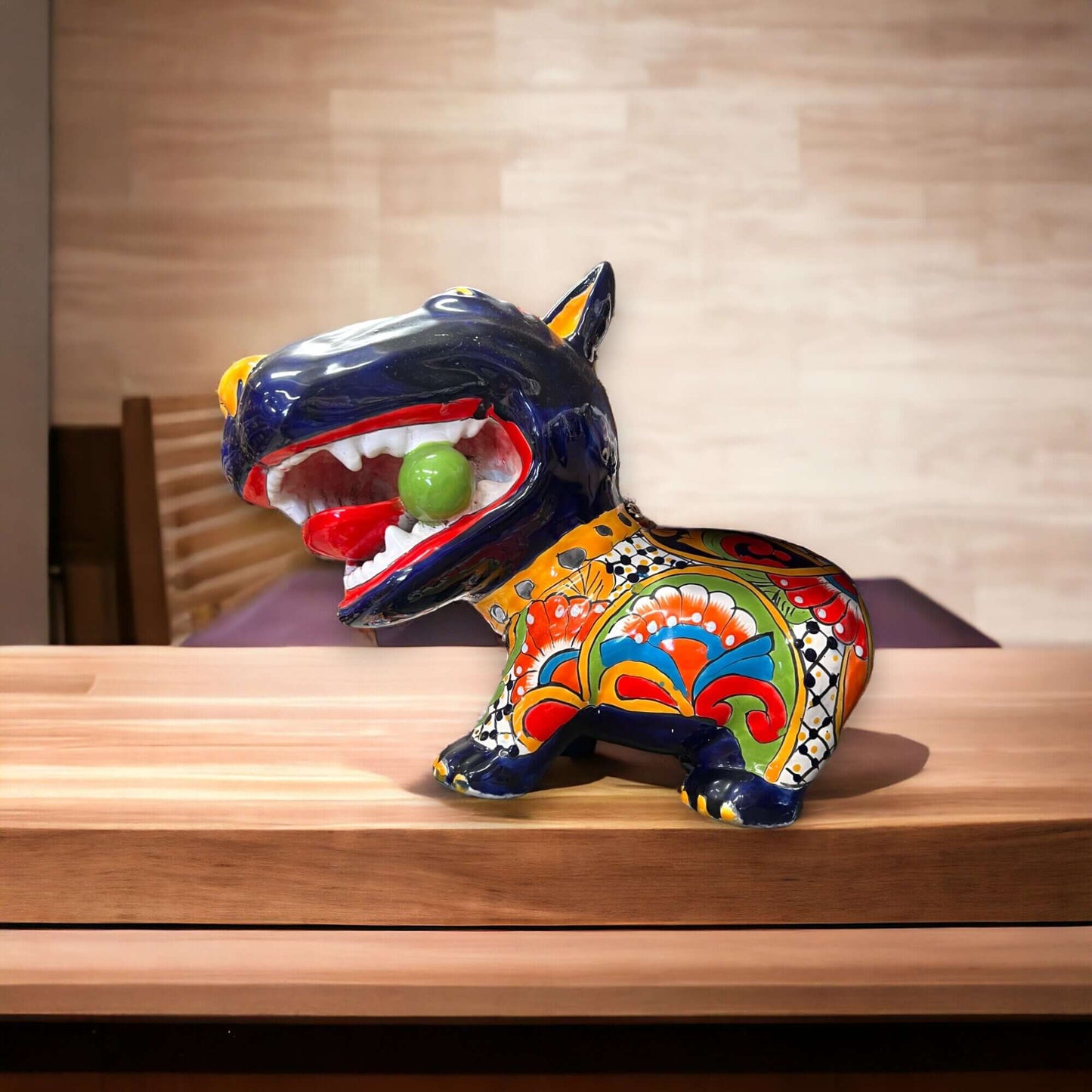 Talavera Bull Terrier Decor | Hand-painted Ceramic Dog with Bone (Extra Large) - vibrant hand-painted Mexican ceramic dog holding a green bone