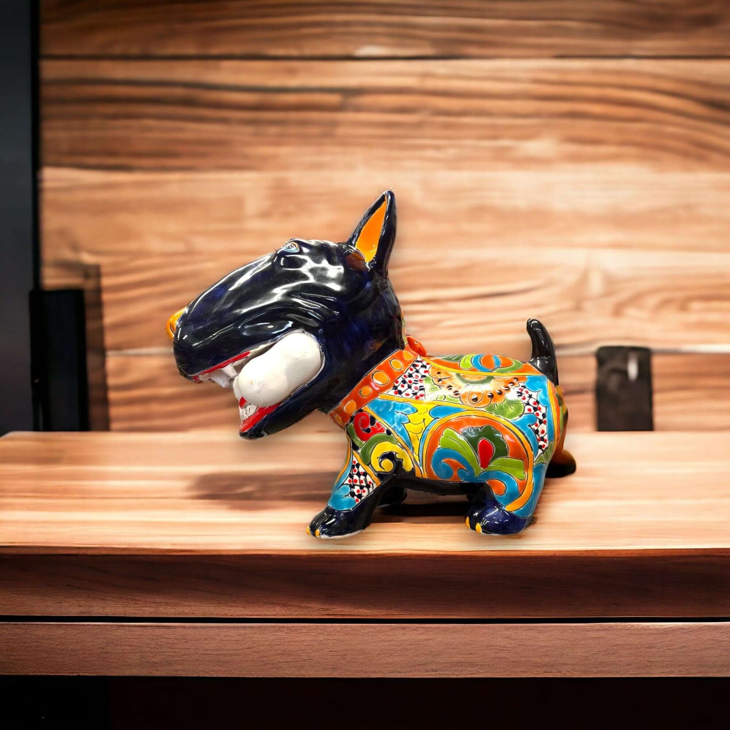 Talavera Bull Terrier Decor | Hand-painted Ceramic Dog with Bone (Extra Large) - vibrant hand-painted Talavera ceramic bull terrier on wooden shelf