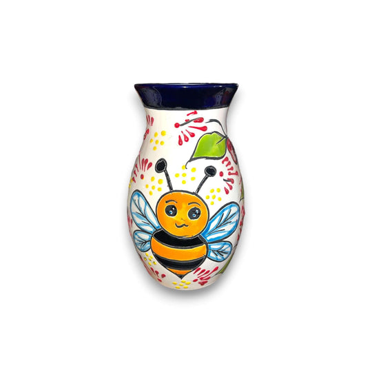 Talavera Vase with Bumble Bee Art | Hand-Painted Mexican Pottery hand-painted bee design, kiln-fired lead-free glaze from Guanajuato, Mexico