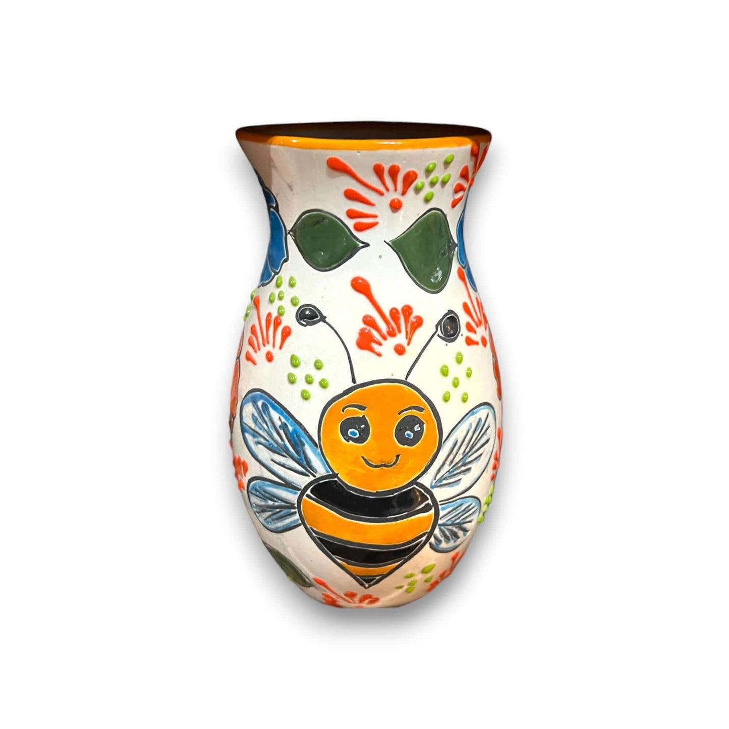 Talavera Vase with Bumble Bee Art | Hand-Painted Mexican Pottery - hand-painted Guanajuato ceramic vase with cheerful bumble bee design