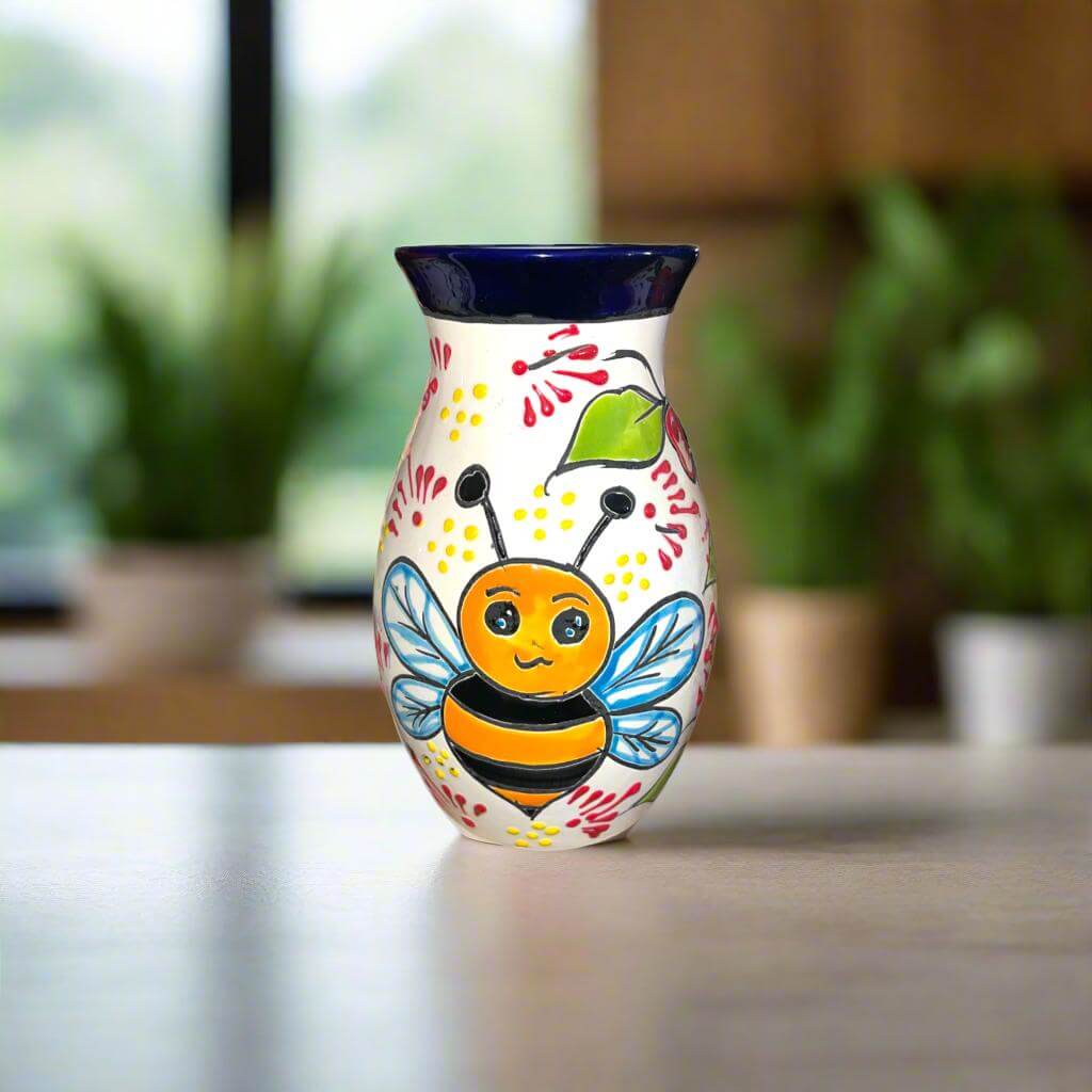 Talavera Vase with Bumble Bee Art | Hand-Painted Mexican Pottery — hand-painted Talavera vase featuring cheerful bumble bee, kiln-fired, lead-free glaze