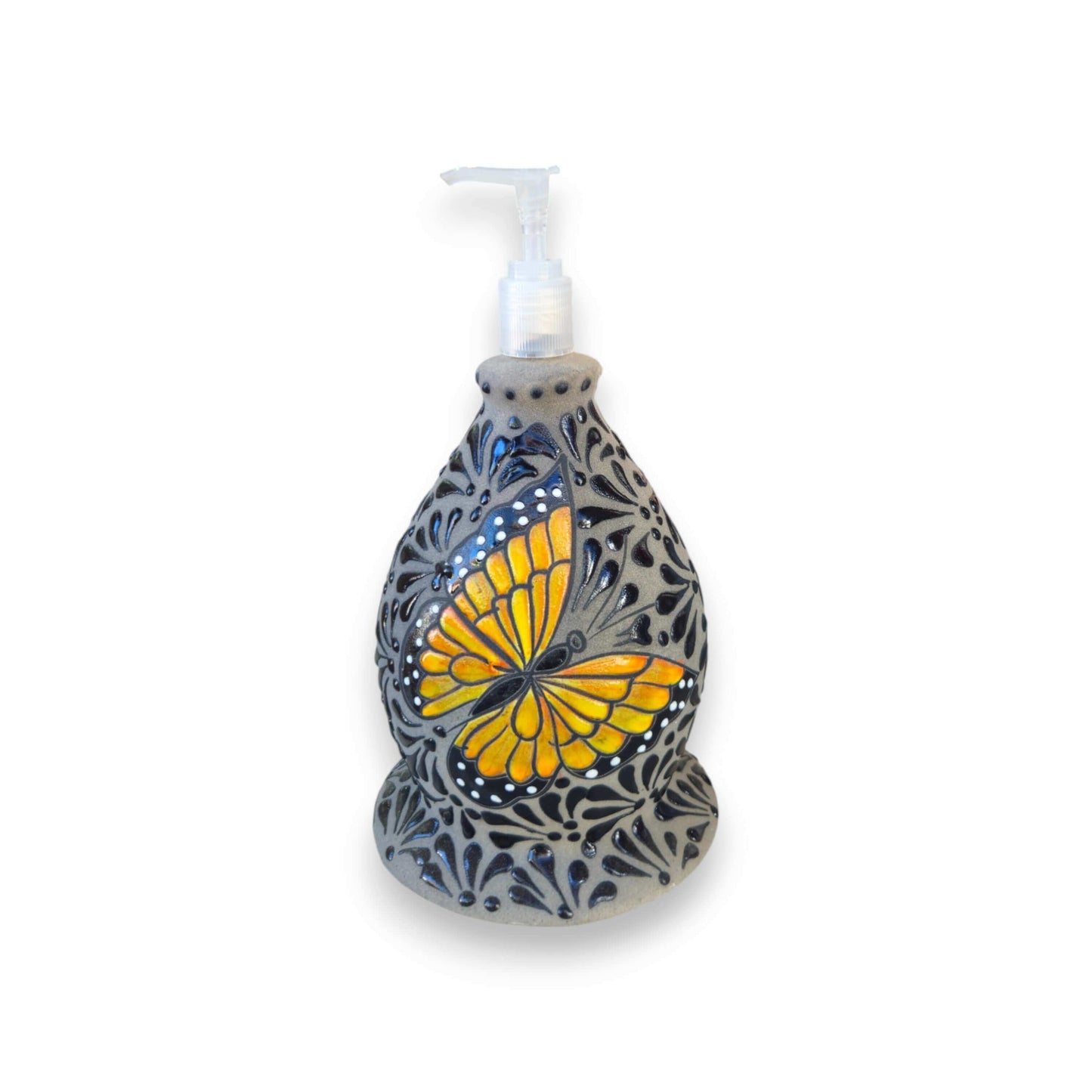 Talavera Butterfly Soap Dispenser | Hand-Painted Ceramic - gray ceramic pump with bright orange butterfly motif, hand-painted Talavera style