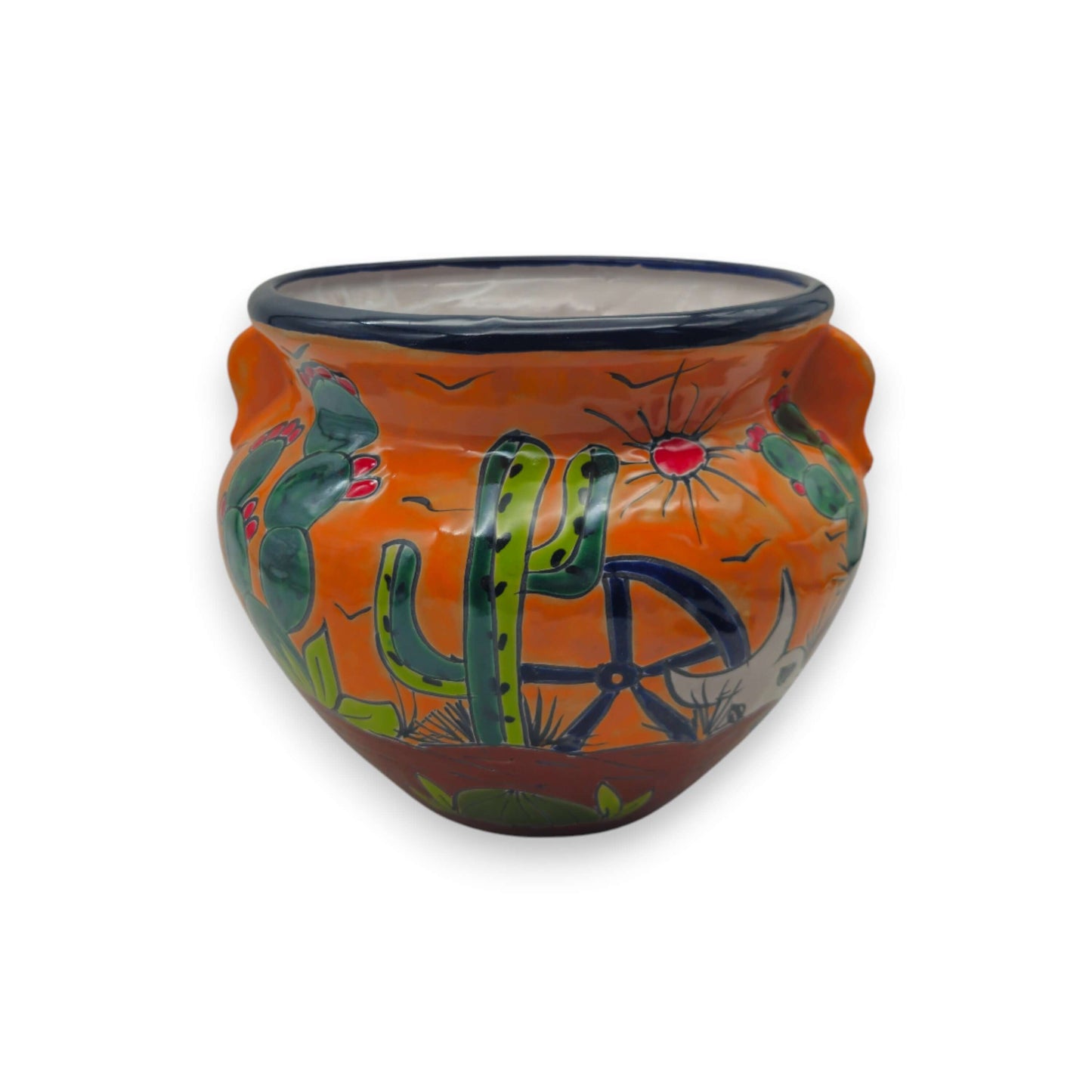 Hand-Painted Talavera Cactus Flower Pot | Desert Michoacana Planter showcasing vivid orange hand-painted cactus, sun, and wheel motifs from Guanajuato