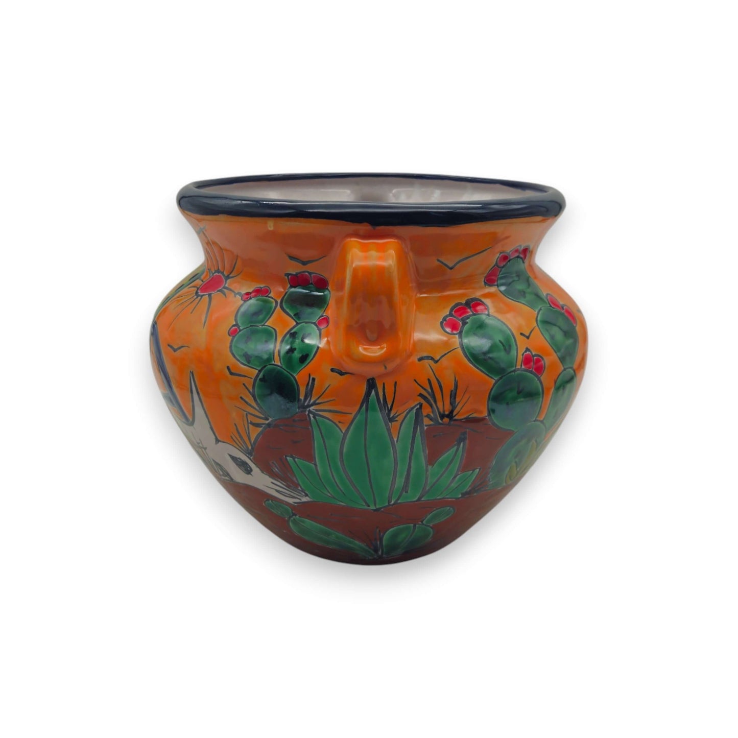 Hand-Painted Talavera Cactus Flower Pot | Desert Michoacana Planter - hand-painted orange Talavera planter with cactus and sun motifs