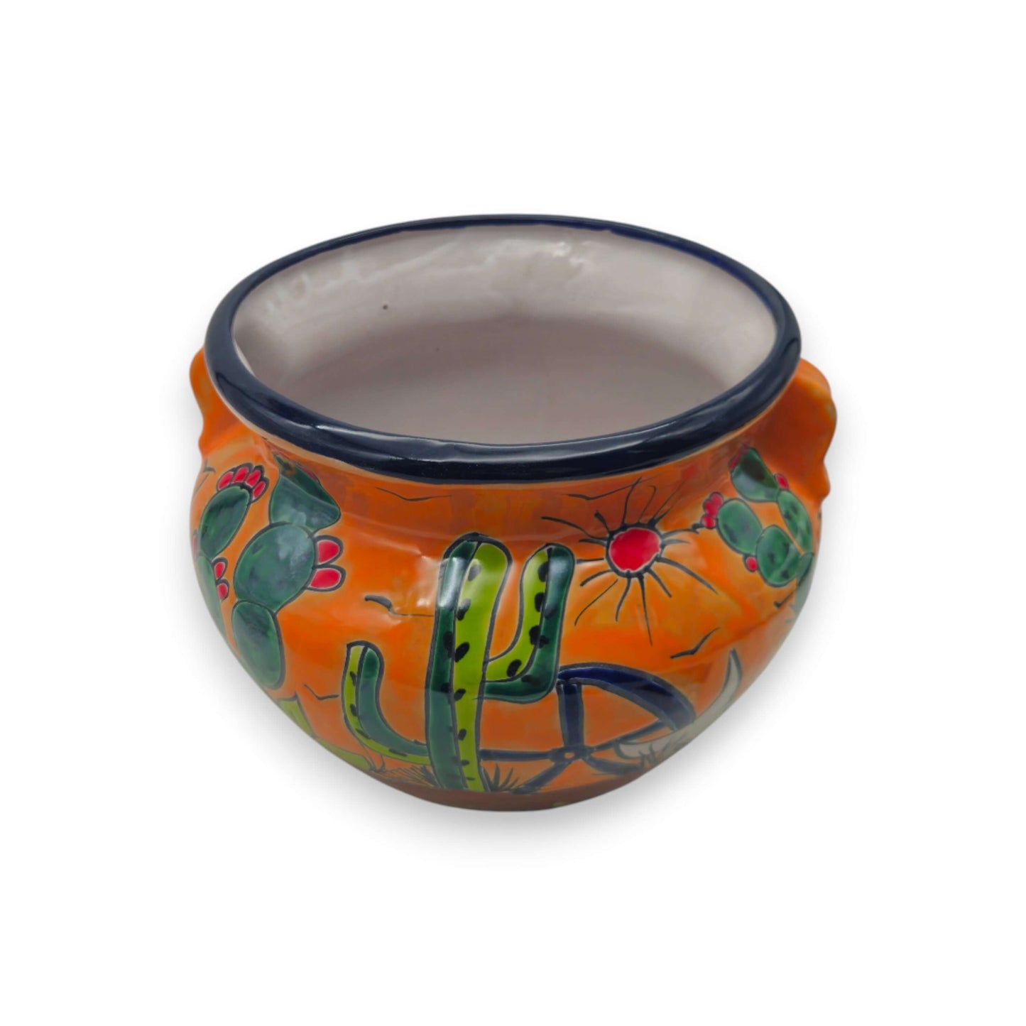 Hand-Painted Talavera Cactus Flower Pot | Desert Michoacana Planter - hand-painted orange Talavera planter with cactus, sun and wheel motifs