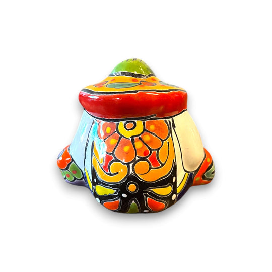Talavera Salt and Pepper Shakers | Cactus & Panchito Design hand-painted Panchito shaker front view, colorful Talavera floral glaze