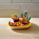 Talavera Salt and Pepper Shakers | Cactus & Panchito Design hand-painted Talavera set with cactus and Panchito on tray