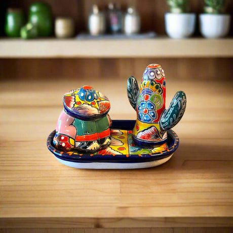 Talavera Salt and Pepper Shakers | Cactus & Panchito Design hand-painted Mexican cactus and Panchito set on tray
