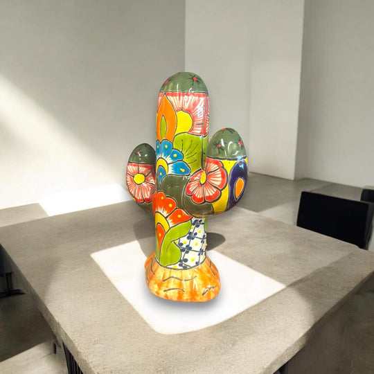 Colorful Talavera Cactus Sculpture | Mexican Ceramic Decor — hand-painted Talavera cactus with vibrant floral motifs and lead-free glaze