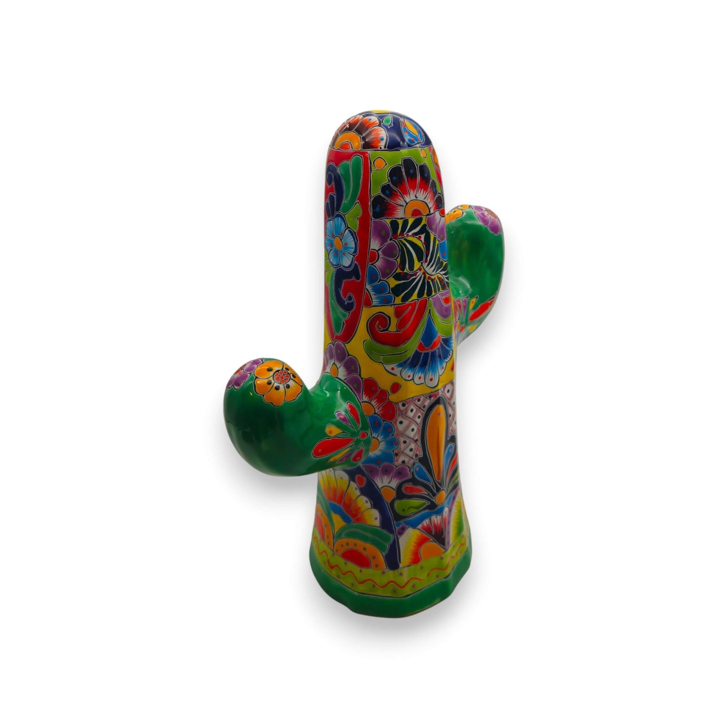 Hand-Painted Talavera Cactus | Vibrant Mexican Ceramic Art — hand-painted green Talavera cactus statue with multicolor floral and geometric motifs
