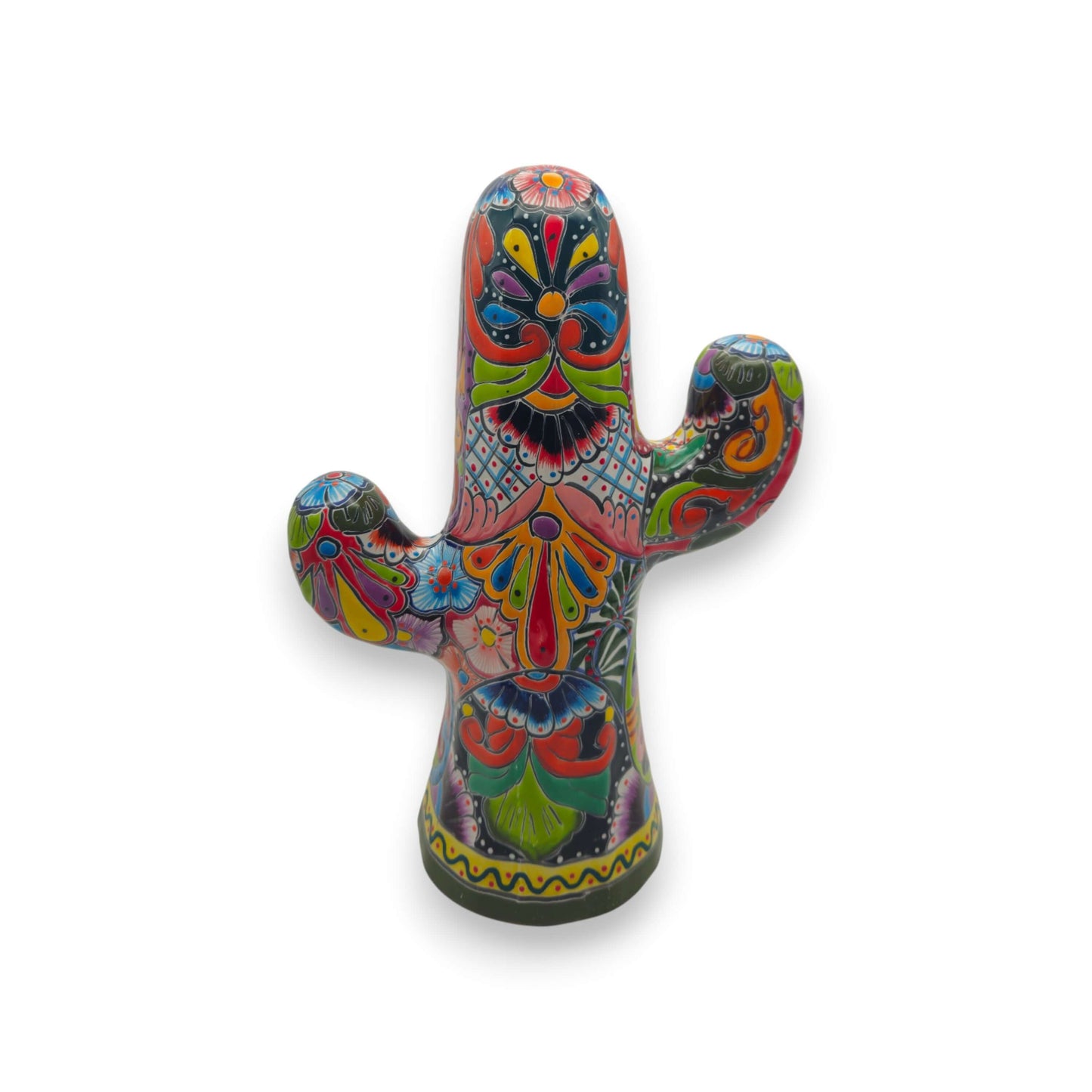 Hand-Painted Talavera Cactus | Vibrant Mexican Ceramic Art - hand-painted green multicolor floral ceramic cactus statue from Guanajuato