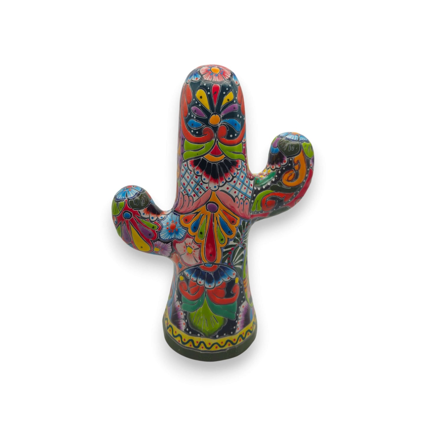 Hand-Painted Talavera Cactus | Vibrant Mexican Ceramic Art - hand-painted green Talavera ceramic cactus statue with multicolor floral and geometric motifs