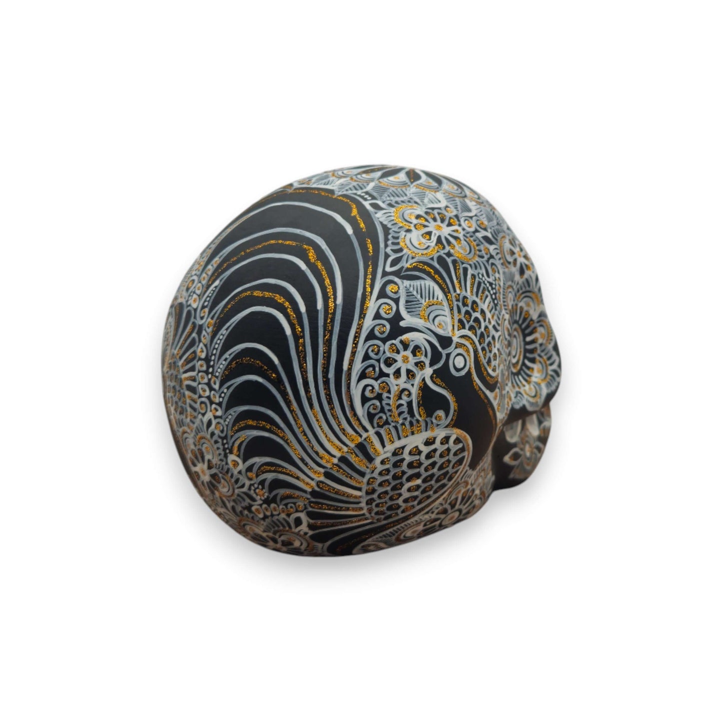 Talavera Calavera Skull | Hand-Painted Ceramic Decor — hand-painted black, white and gold floral Talavera calavera from Guanajuato, kiln-fired, lead-free glaze