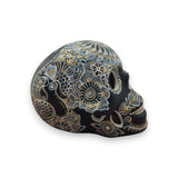 Talavera Calavera Skull | Hand-Painted Ceramic Decor - black skull with intricate white and gold floral patterns, handcrafted in Guanajuato, Mexico