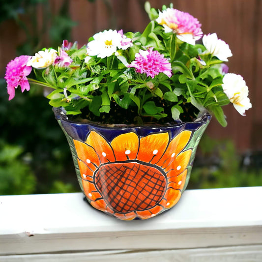 Vibrant Talavera Planter | Hand-Painted Mexican Calla Lily Ceramic Pottery - colorful hand-painted sunflower motif planter with pink and white flowers