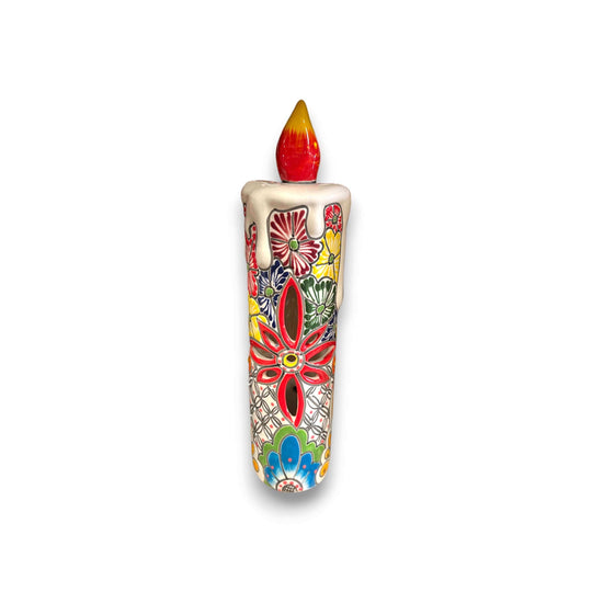 Talavera Candle Figurine | Hand-Painted Decorative Mexican Ceramic Art — hand-painted flame-topped ceramic candle with colorful Talavera floral patterns