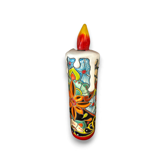 Talavera Candle Figurine | Hand-Painted Decorative Mexican Ceramic Art — colorful hand-painted Talavera ceramic candle sculpture with floral motifs