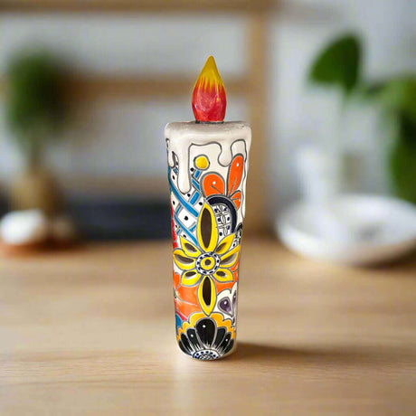 Talavera Candle Figurine | Hand-Painted Decorative Mexican Ceramic Art — handcrafted colorful flame-topped Talavera ceramic candle figurine from Guanajuato