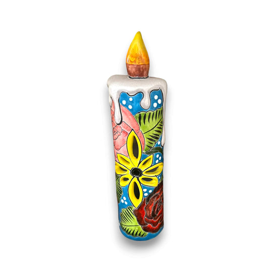 Talavera Candle Figurine | Hand-Painted Decorative Mexican Ceramic Art - tall hand-painted floral Talavera ceramic candle sculpture, Guanajuato made