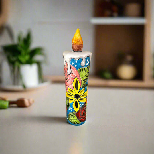 Talavera Candle Figurine | Hand-Painted Decorative Mexican Ceramic Art - hand-painted Talavera ceramic candle sculpture with floral motif
