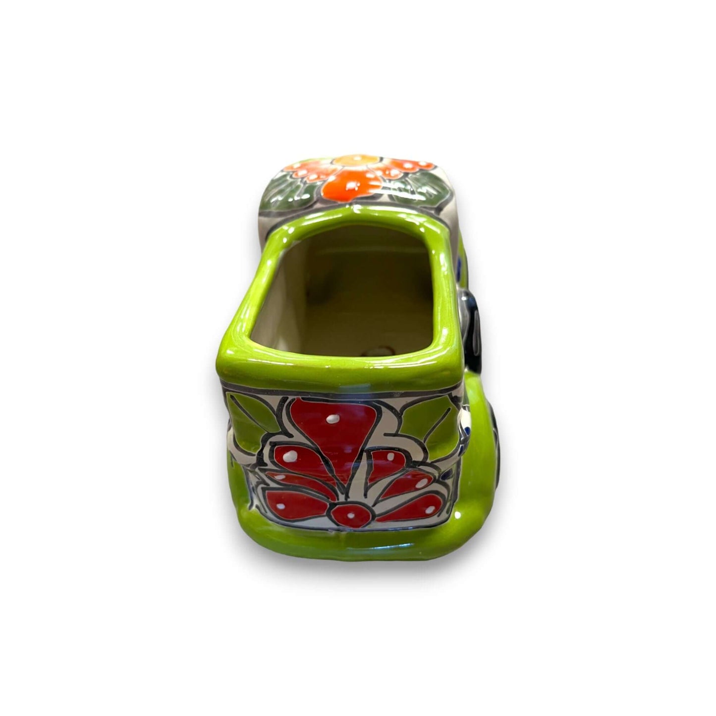 Hand-Painted Talavera Car Planter | Colorful Ceramic Car Statue (Small) - green hand-painted Talavera ceramic car planter with floral motifs