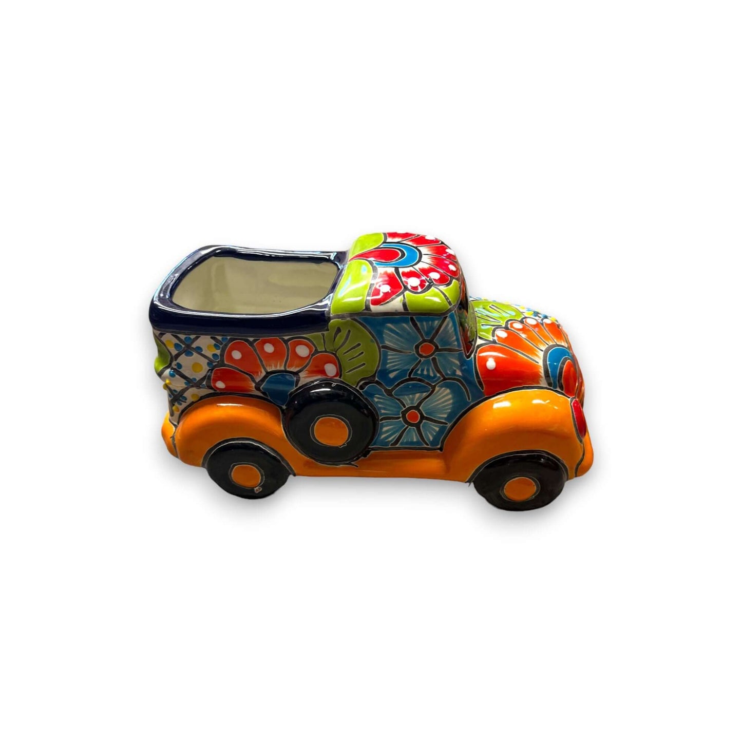 Hand-Painted Talavera Car Planter | Colorful Ceramic Car Statue (Small) - vibrant hand-painted Talavera ceramic car planter with floral patterns