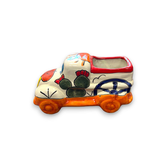Hand-Painted Talavera Car Planter | Colorful Ceramic Car Statue (Small) - small hand-painted Talavera ceramic car planter with cactus motif