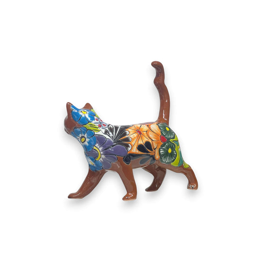 Talavera Cat Figurine | Hand-Painted Mexican Folk Art - hand-painted floral ceramic cat with raised tail, vivid red purple green orange patterns