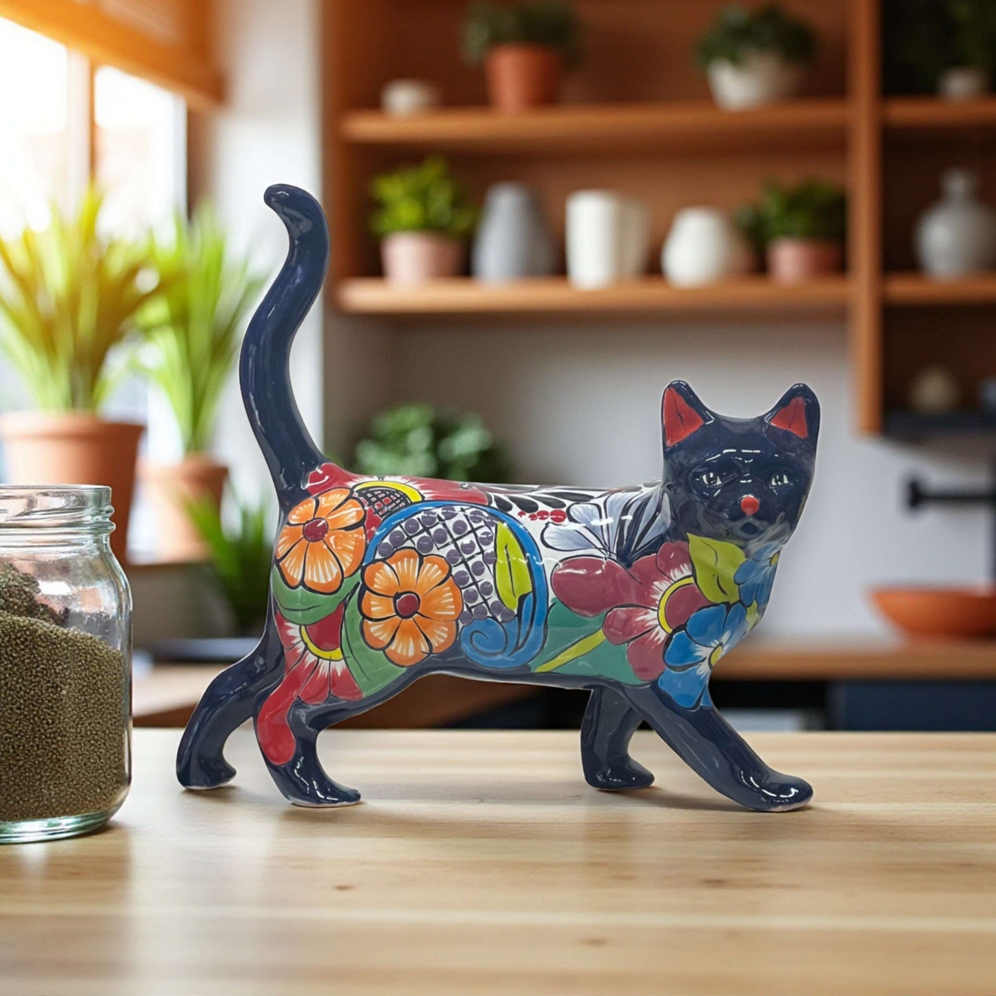 Talavera Cat Figurine | Hand-Painted Mexican Folk Art - hand-painted floral cat figurine from Guanajuato, vibrant red purple green orange