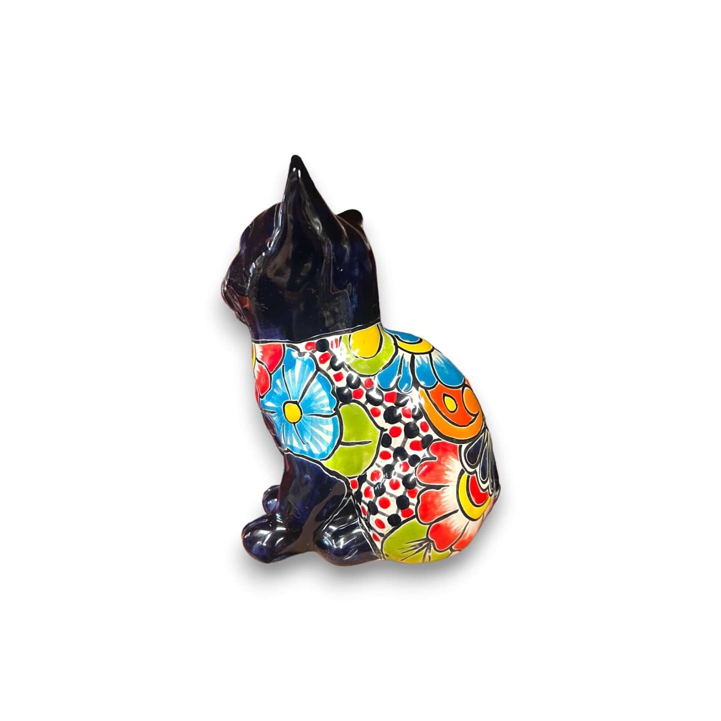Talavera Cat Figurine | Hand-Painted Mexican Folk Art Home Decor - colorful hand-painted Talavera ceramic cat with orange, blue and floral patterns