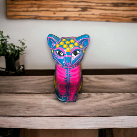 Talavera Cat Piggy Bank | Hand-Painted Mexican Ceramic Coin Holder - colorful hand-painted standing cat with floral stripes