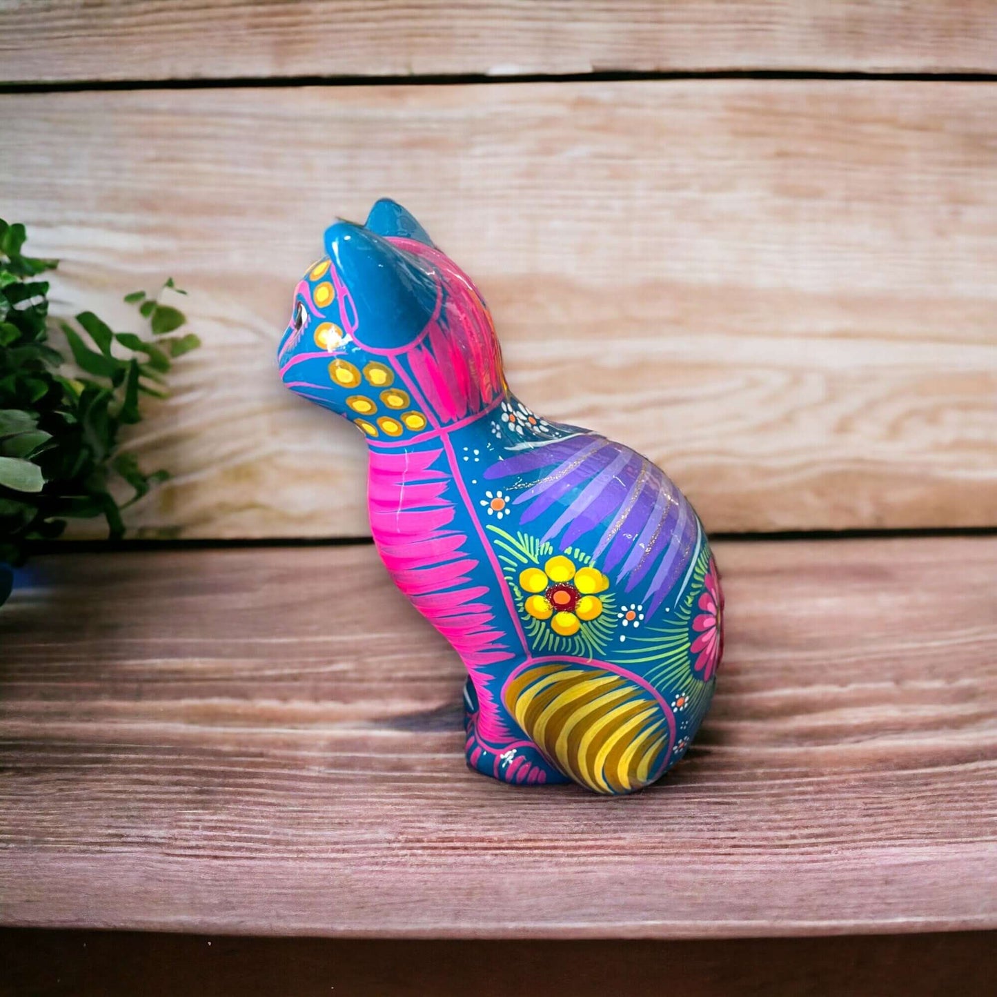 Talavera Cat Piggy Bank | Hand-Painted Mexican Ceramic Coin Holder - hand-painted colorful floral cat coin bank, Guanajuato craft