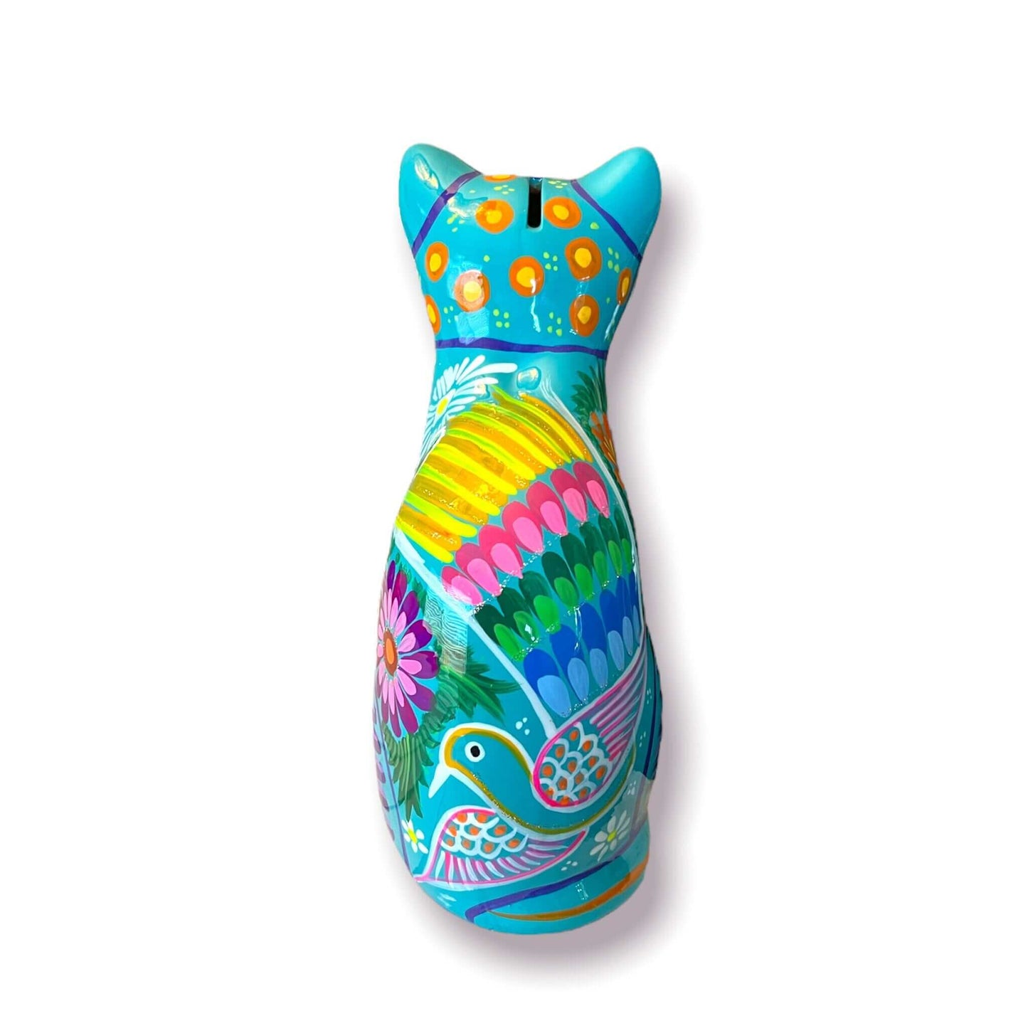 Talavera Cat Piggy Bank | Hand-Painted Mexican Ceramic Coin Holder - hand-painted turquoise cat with floral and bird motifs, kiln-fired lead-free glaze
