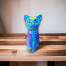 Talavera Cat Piggy Bank | Hand-Painted Mexican Ceramic Coin Holder - blue hand-painted floral striped cat piggy bank