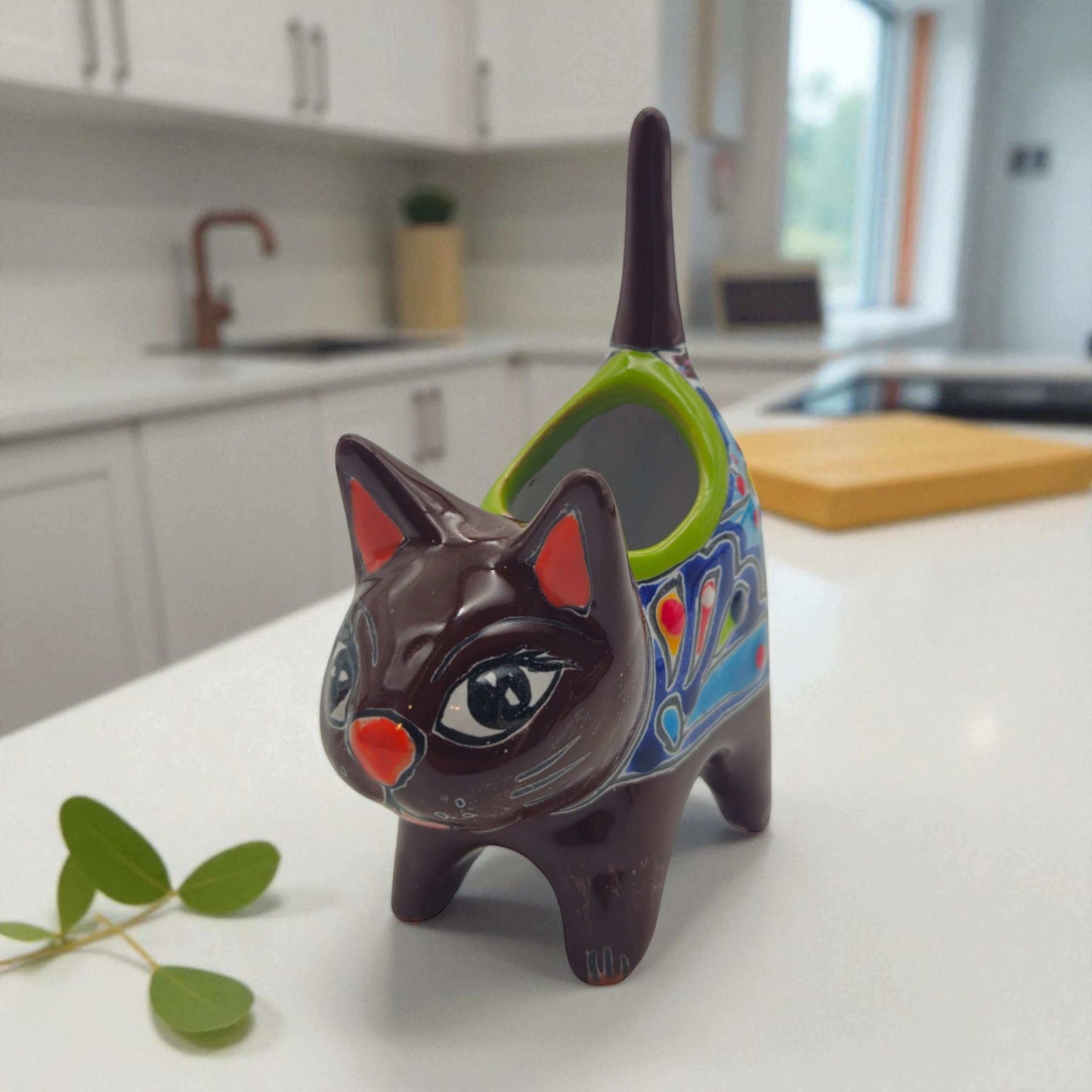 Colorful Talavera Cat Planter | Mexican Ceramic Art - hand-painted black cat planter with red, green and yellow floral motifs, lead-free glaze