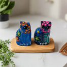 Set of 2 Talavera Cat Salt and Pepper Shakers | Hand-Painted Ceramic - pair of colorful hand-painted Talavera cat shakers on wooden tray