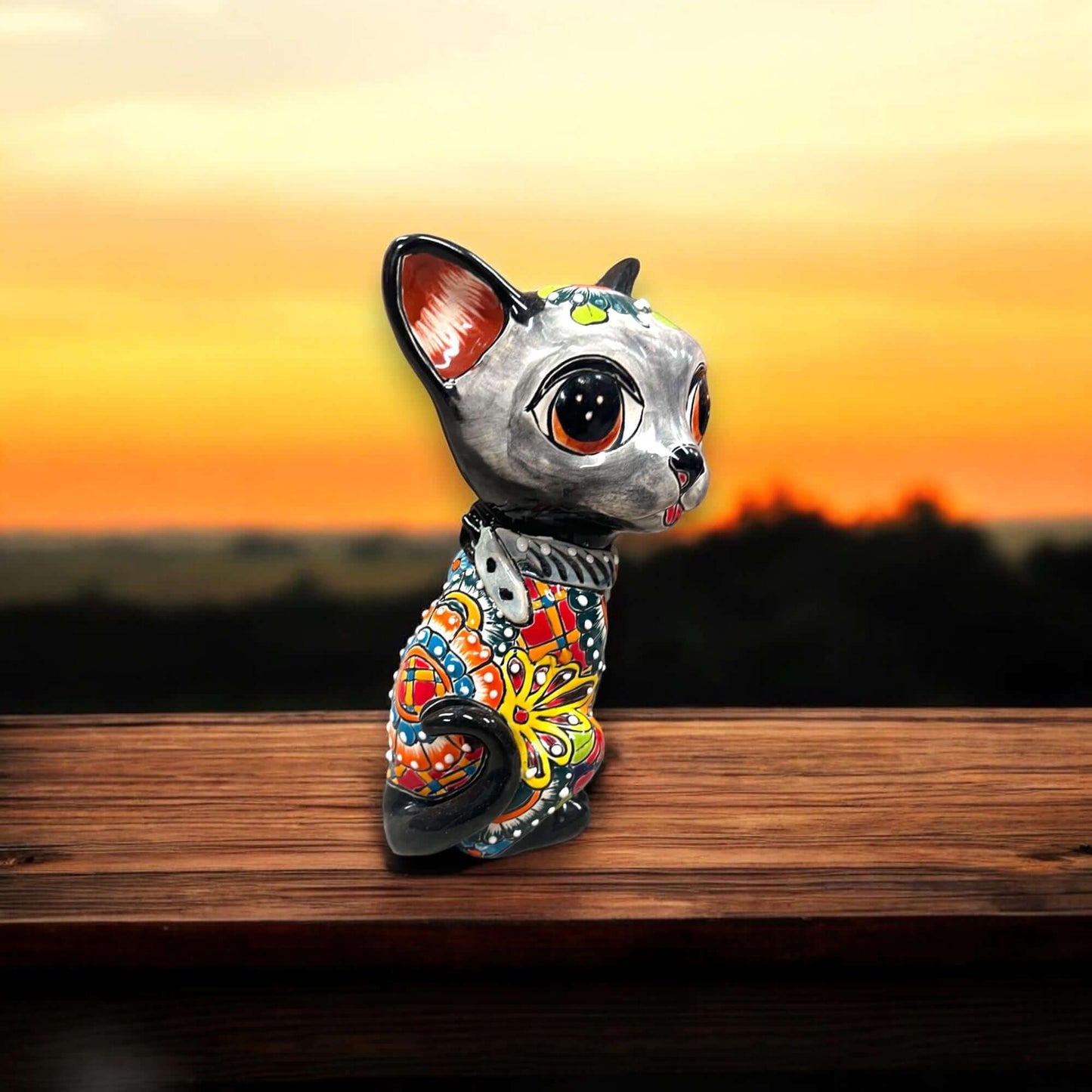 Talavera Cat Statue | Hand-Painted Mexican Folk Art Figurine - Hand-painted orange-base Talavera cat with oversized eyes and floral patterns, kiln-fired glaze