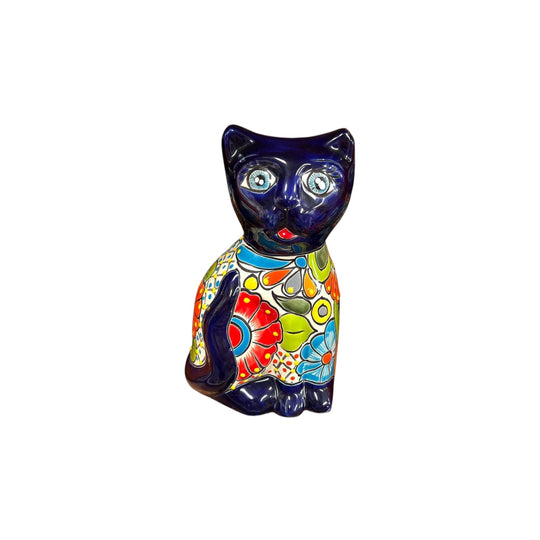 Hand-Painted Talavera Cat Statue | Medium Mexican Folk Art - hand-painted blue ceramic cat with colorful floral pattern