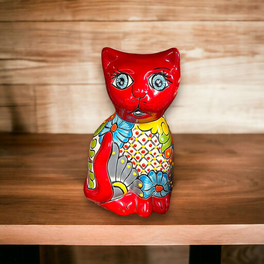 Hand-Painted Talavera Cat Statue | Medium Mexican Folk Art - red hand-painted Talavera ceramic cat with floral pattern on wooden shelf